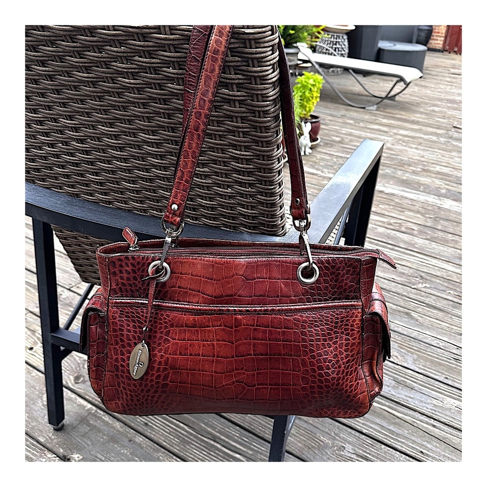 Etienne Aigner Brown Crocodile Embossed Leather Tote Shoulder Bag Purse Vintage